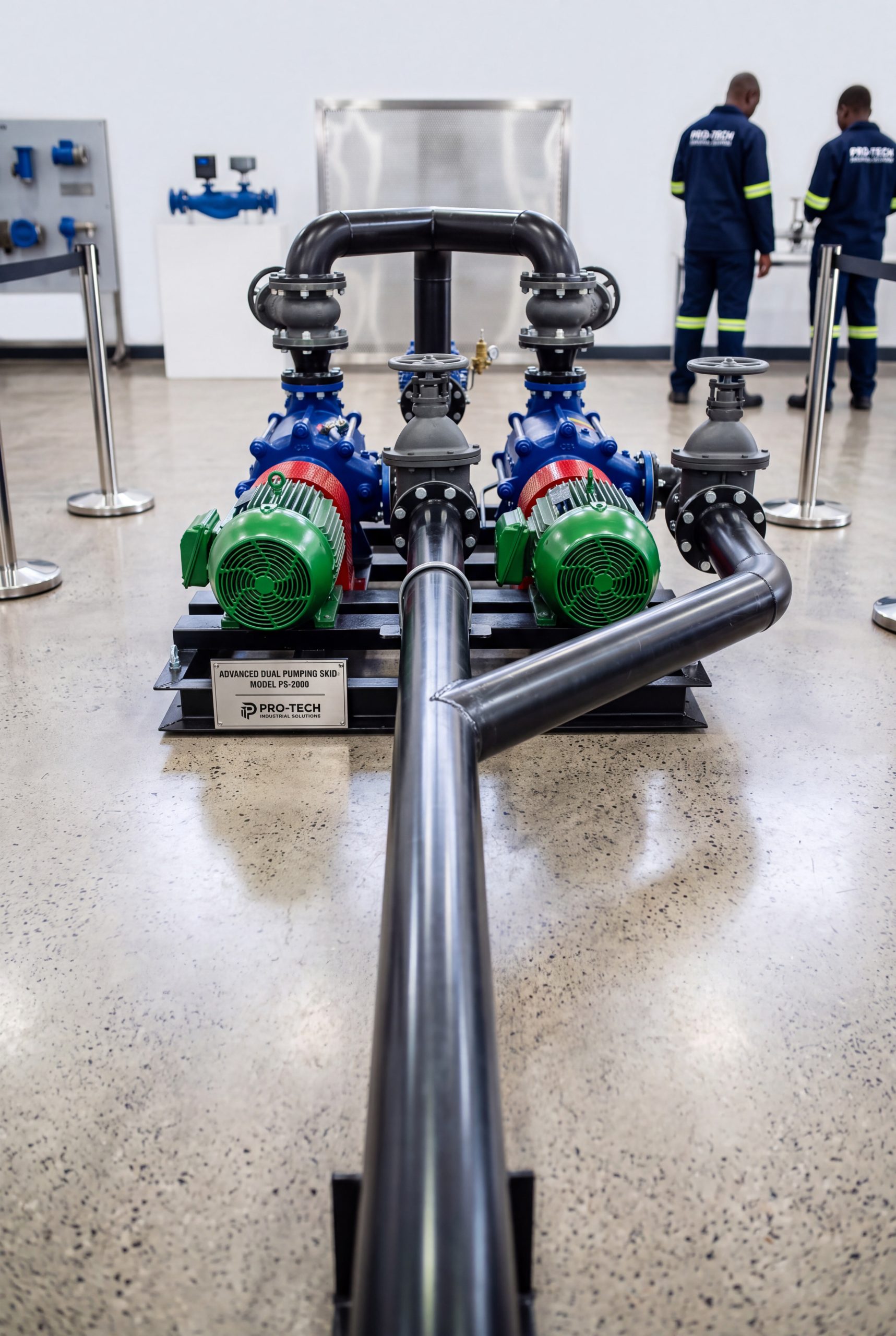 Dual industrial pump skid assembled and prepared in the workshop